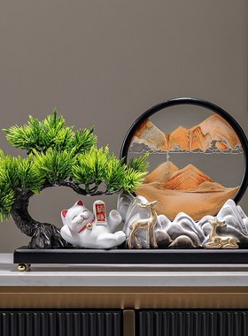 中式招财迎客松流沙画创意摆件客厅电视柜K禅意玄关茶室办公装饰