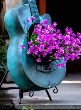 阳台花园户外装饰k创意店门口布置吉他花盆复古做旧琴园艺景观摆