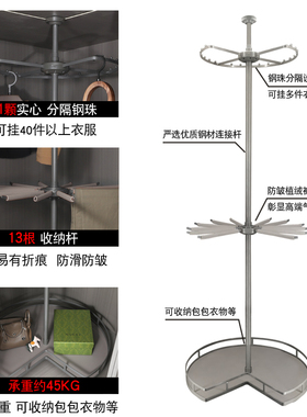 衣柜旋转衣架360度多功能衣帽间转角收纳三层篮衣柜拉篮挂衣裤架