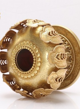 藏族手摇转动g轮底座黄铜摆件藏式莲花底托西藏手持转金简轮插座