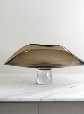 欧式轻奢简约玻璃花瓶卷r边果盘样板间餐桌茶几咖色装饰托盘装饰