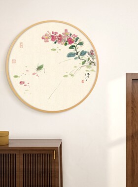 新中式装饰画 圆形n酒店挂画中式鸟语花香玄关书房茶馆办公室壁画