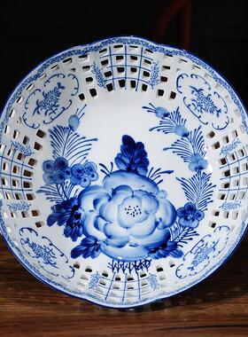 新中式青花瓷中式陶瓷果盘创意家用茶几办公室客厅摆件装饰品