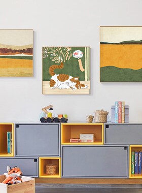 卡通猫咪挂画瓶子水果日式原木风装饰画正方形抽象艺术温馨餐厅画