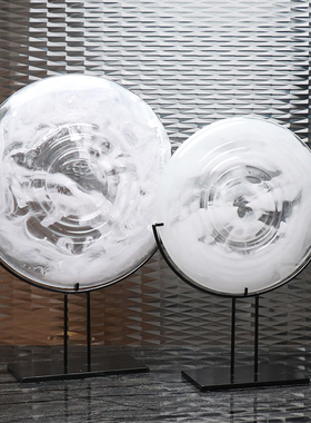 现代新中式白色透明水墨样板间玄E关别墅书房博古架软装饰品摆件