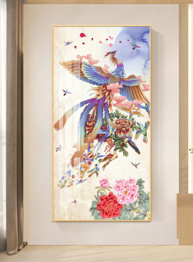新中式百鸟朝凤图国画入户v玄关装饰画花鸟茶室书房办公室竖版挂