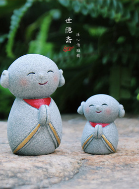 仿石佛摆件鱼缸造景小和尚禅意佛茶室装饰小沙弥盆景W小摆件微景