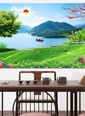 茶馆茶楼a自粘壁画茶园茶山自然绿色田园风景办公室茶叶店装饰挂