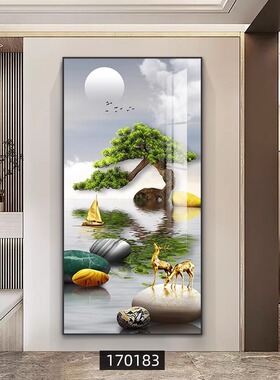 玄关装饰a画走廊过道挂画迎客松墙画入户背景墙现代简约正对门壁