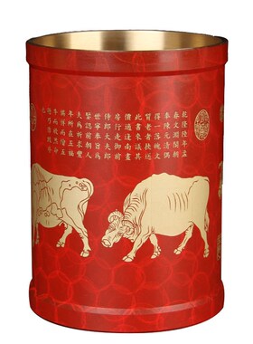 彩绘红铜五牛笔筒摆件 铜实心B笔筒摆件 铜笔筒摆件办公用品