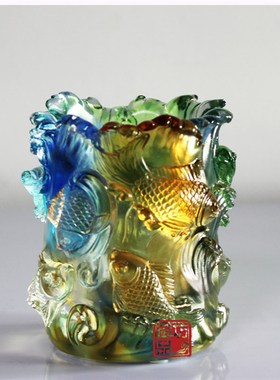 御品坊 琉璃摆件欢喜有余笔筒鱼工艺品创意摆件R生日礼物实用礼品