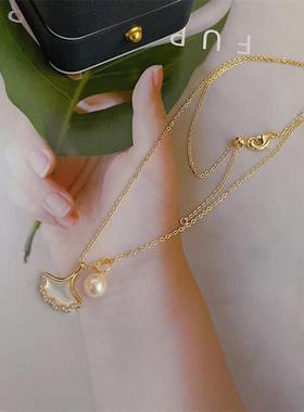 知珍饰品高品质淡水珍珠项链天然白蝶贝银杏叶时尚精致吊坠可调节