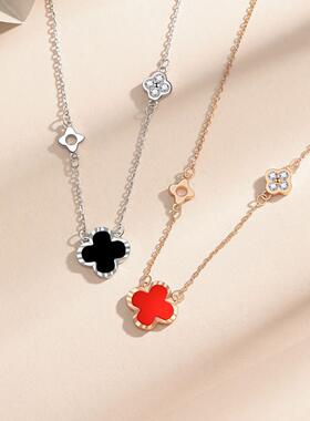 足银四叶草红玛瑙项链女吊坠