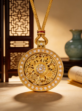 可旋转八宝罗盘金色吊坠编绳项链