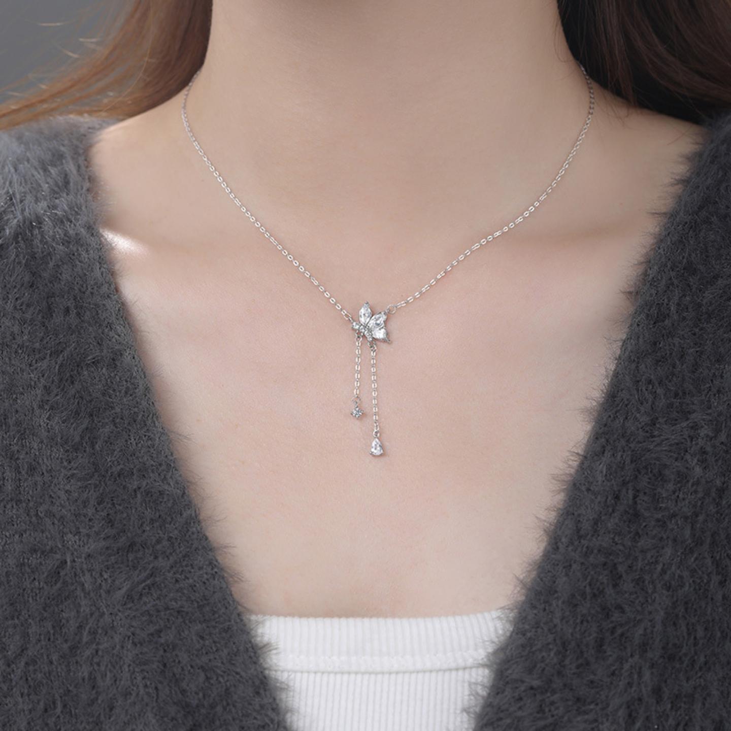 原创阿宝S999足银溯光之蝶流苏蝴蝶项链甜美森系温柔锁骨链女式 - 图0