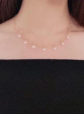 国潮宫廷风天然淡水珍珠项链 法式多珠颈链14k注金蕾丝梦帘项链女