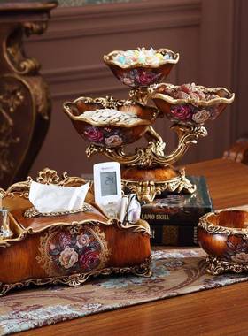 新thu+lznf古创意轻家奢茶套几摆件欧式用实用装饰品果盘纸巾盒烟