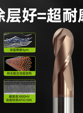 70度2刃合金立铣刀R1R1.5R2R3高硬球头铣刀R4R0.5钨钢球形球刀