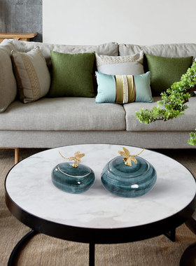 新中式日式诧g寂风黄铜蜻蜓石头陶瓷罐摆件样板间客厅书房软装饰