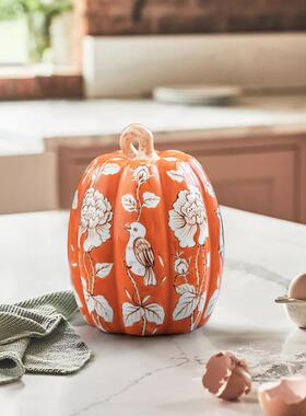 玄关中式陈列客ltao1004厅下手绘家居装饰玻璃柜田园桌面釉彩南瓜