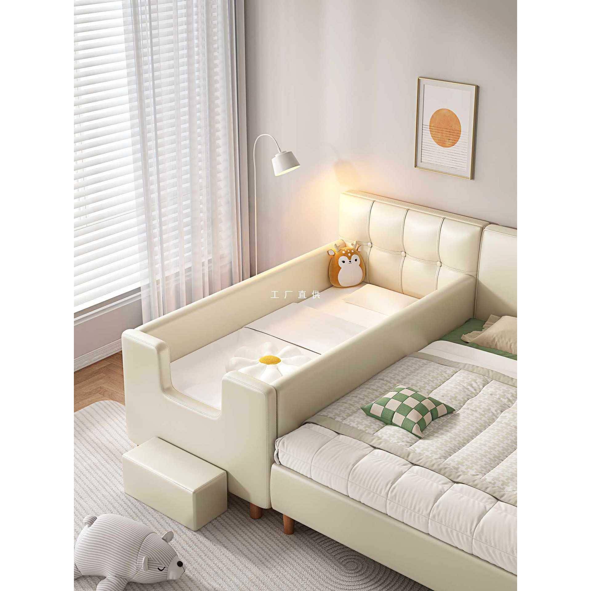 ft奶油风儿床带护小床栏婴童儿男孩女孩主床宝宝F77S6J7M边床加公 - 图0