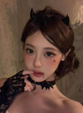 万圣节暗黑风恶魔牛角发夹项链