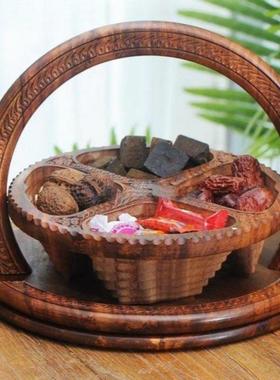 干果蓝核木质AL100828篮桃木中雕花果果篮包邮木头几何形状式