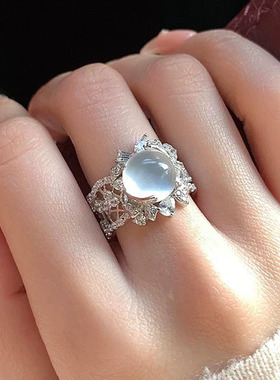 蛋面水沫玉满钻镶嵌戒指女开口可调节新中式轻奢小众设计感ins风