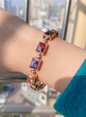 欧美款新款时尚潮人跨境 配饰缤纷七彩铜锆石手女士创意款手环