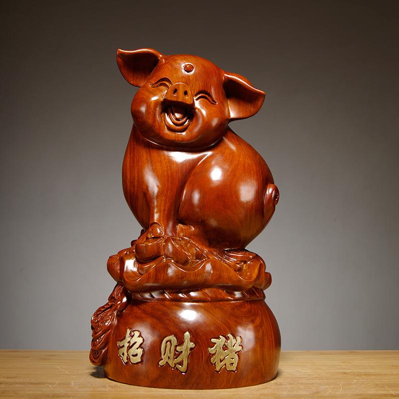 花梨木可爱笑脸猪雕刻十二生肖摆件家居件客厅电视柜装饰开业送礼 - 图0