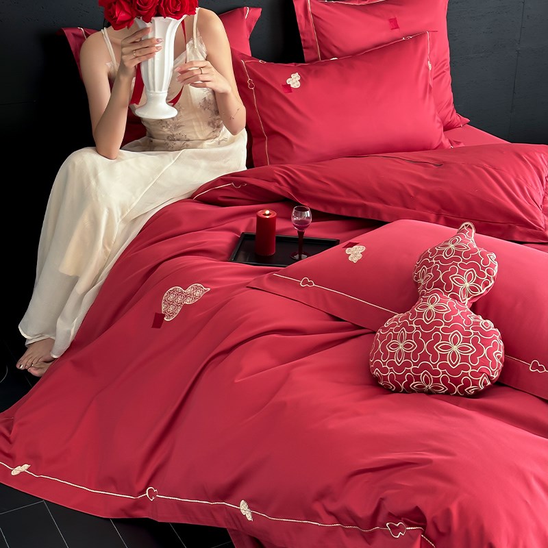 新年福禄锦鲤红婚庆四件套全棉100支刺绣结婚被套床单1.8床上用品 - 图1
