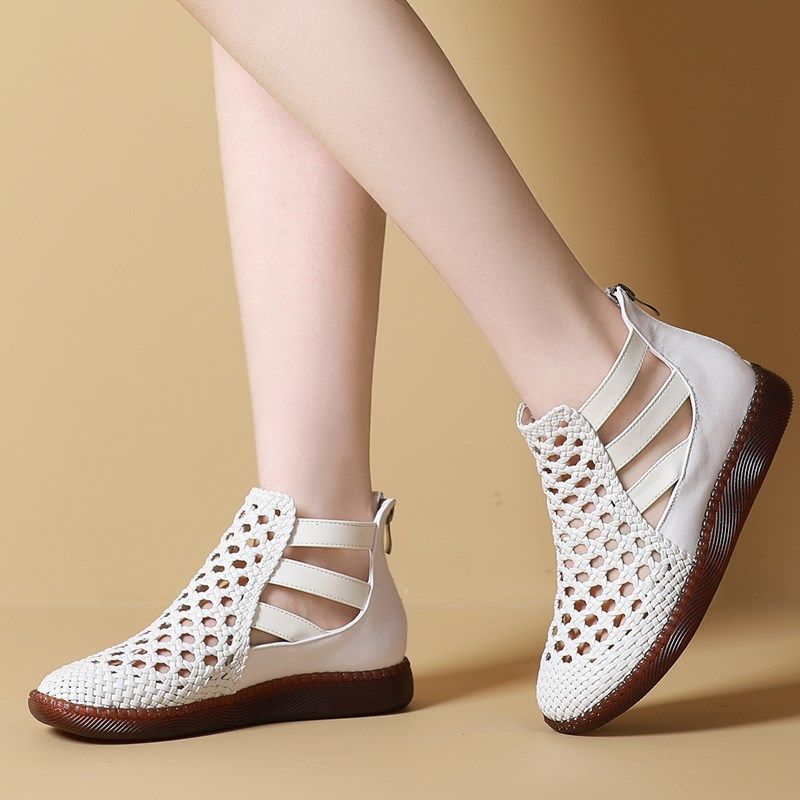 春夏季真皮镂空短靴舒适软底休闲肥胖脚妈妈鞋平底凉鞋洞洞款女鞋,淘宝优惠券,粉丝福利购,淘宝优惠卷