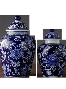 陶瓷器摆件中式家居餐桌客厅z装饰品结婚礼物青花瓷仿古陶罐