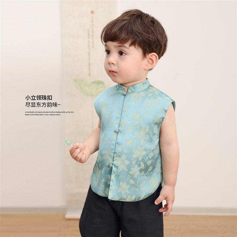 小O爸男婴童 宝宝新中式套装缎面马甲中国风夏季婴儿薄款短裤汉服,淘宝优惠券,粉丝福利购,淘宝优惠卷