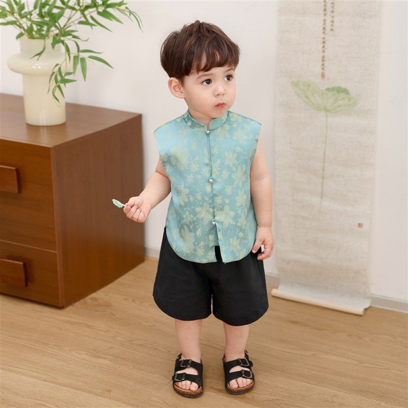 小O爸男婴童 宝宝新中式套装缎面马甲中国风夏季婴儿薄款短裤汉服,淘宝优惠券,粉丝福利购,淘宝优惠卷