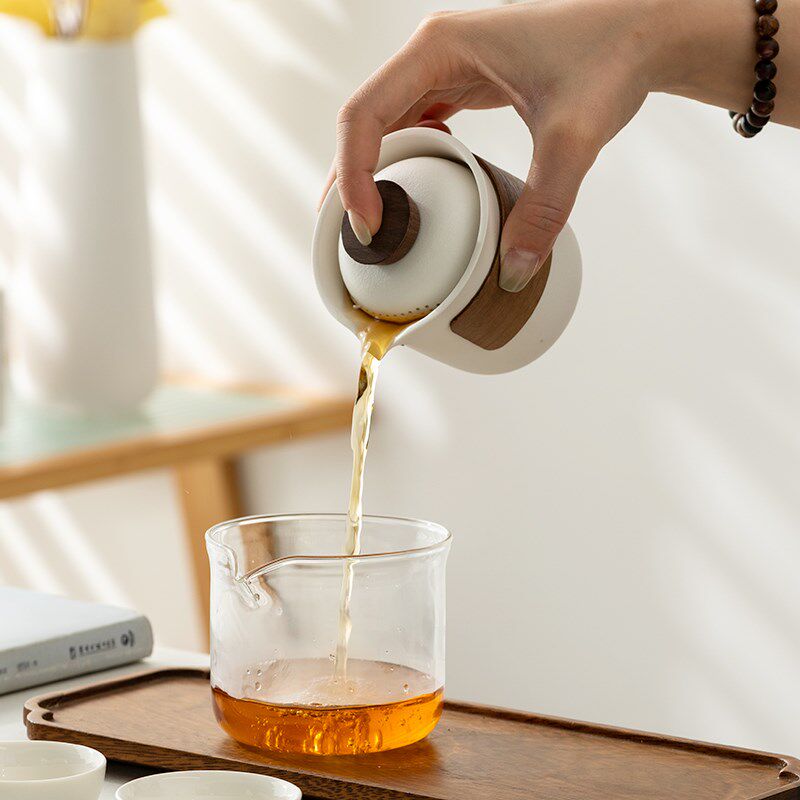Ceramic travel tea set, one pot, three cups and four cups, glass male cup, outdoor portable bag, Kung Fu tea set, customized