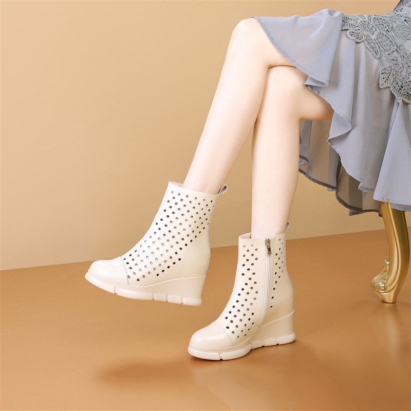 8.5cm内增高真皮女短靴圆头夏季洞洞凉靴高跟坡跟厚底春秋马丁靴,淘宝优惠券,粉丝福利购,淘宝优惠卷