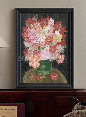 美式中古静物风景花瓶彩色花卉油画艺术装置轻奢客厅玄关装饰挂画