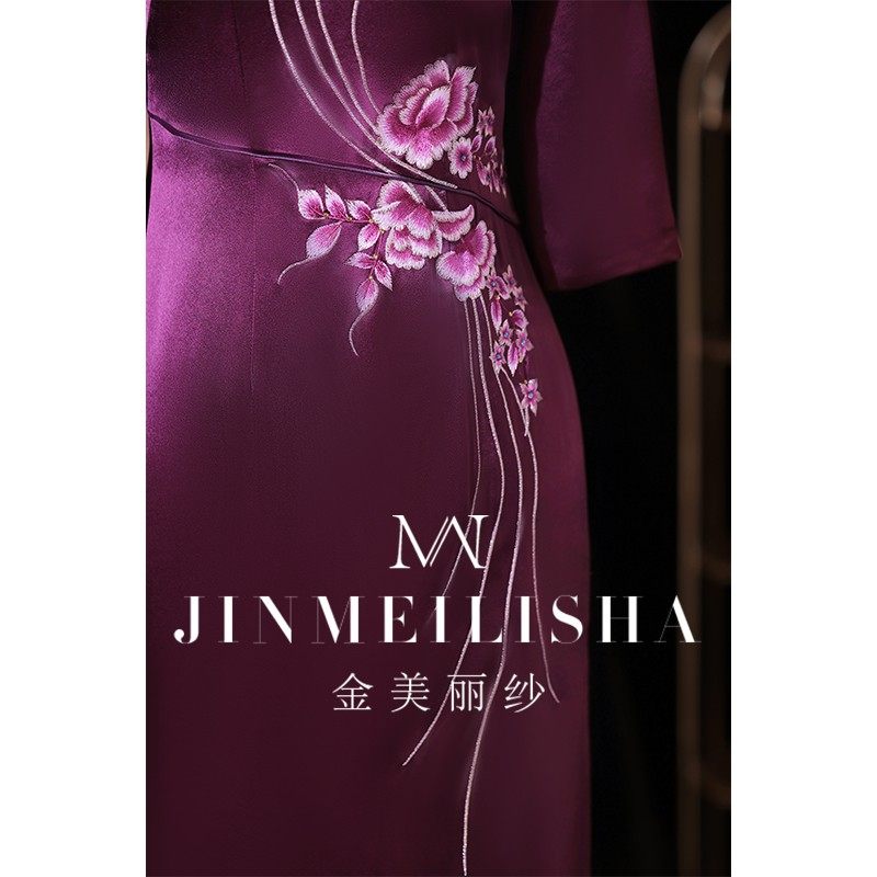 婚宴妈妈旗袍礼服醋酸缎紫色长袖高级质感参加婚礼喜婆婆丈母娘秋 - 图1