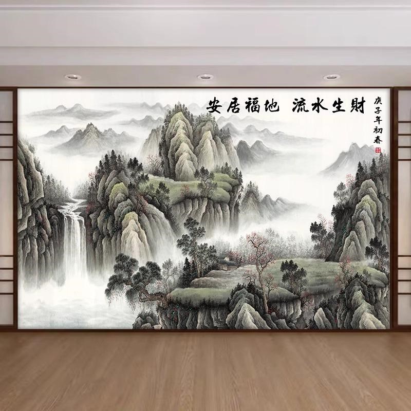 定制中式客厅电视背景墙壁布8d立体凹凸壁画山水影视墙布2Z025新 - 图3