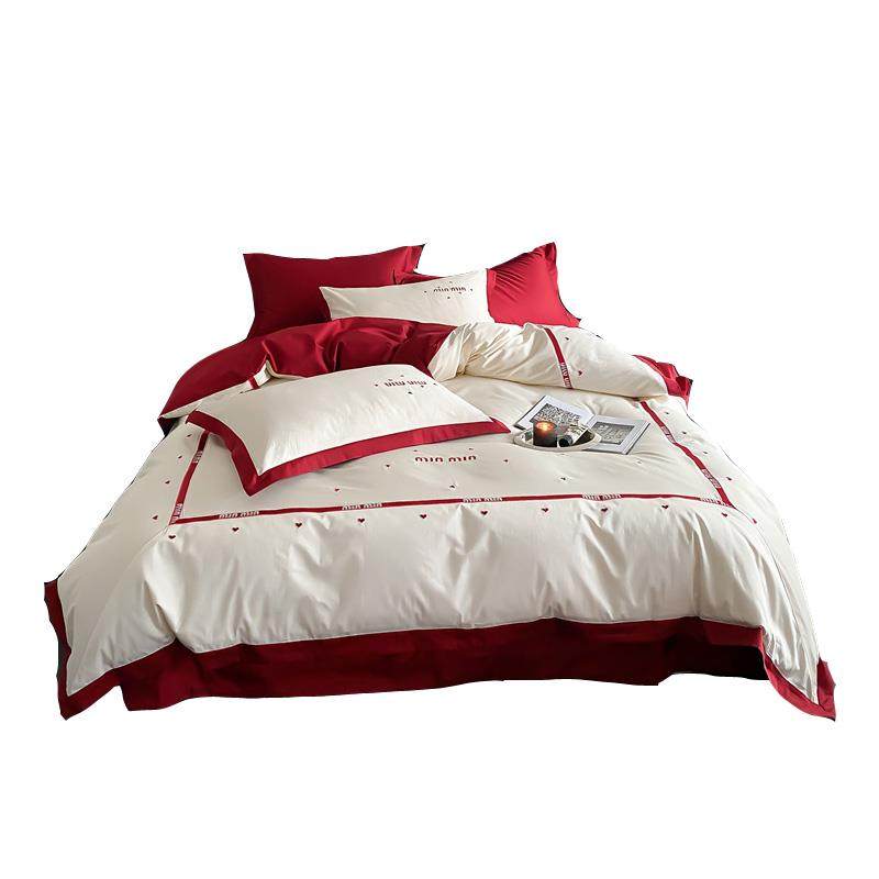 轻奢风爱心刺绣10支长绒棉件套全DKF棉磨毛四季通0用床四单被套床 - 图3