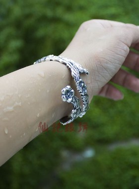 999纯银手镯 喜上眉梢手镯喜鹊印花仿古手环纯银饰品 复古银手镯