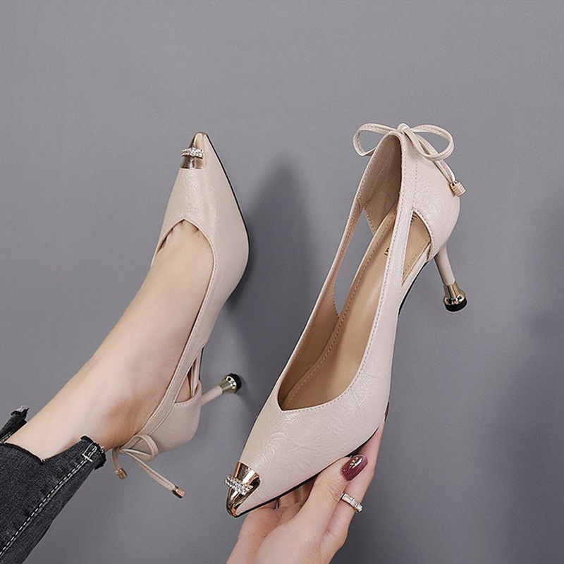 红綪綎高跟鞋女夏真皮包头2023年新款凉鞋女尖头细跟铁头水钻单鞋,淘宝优惠券,粉丝福利购,淘宝优惠卷