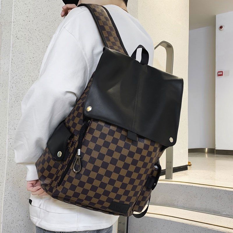 皮质质感双肩包男士通勤电脑背包港风高级感大学生防水格纹书包女,淘宝优惠券,粉丝福利购,淘宝优惠卷