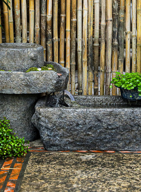 户外假山流水喷泉石槽造景摆件日式庭院水池景观阳台小院石磨鱼池