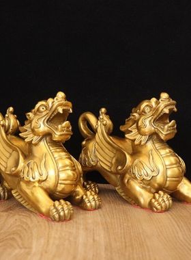 纯铜貔貅摆e件一对客厅办公室铜皮丘工艺品桌面家居摆设招财皮休