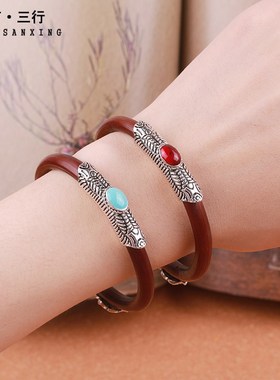 西藏复古开口鸡血藤木银手镯子男女简约个性汉服情侣款民族风饰品