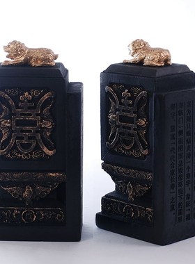 新中式样板间玄关手工雕刻对狮书档书靠家居装饰书房书架桌面摆件