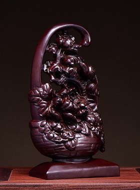 黑檀木雕花篮摆件实木质一篮富贵工艺品家居客厅装饰乔迁开业送礼