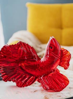 新中式琉璃纯手工红锦鲤装饰摆饰高档客厅酒柜玄关工艺礼品摆饰乔